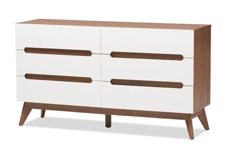 Calypso Mid-Century Modern White and Walnut Wood 6-Drawer Storage Dresser From Baxton Studio