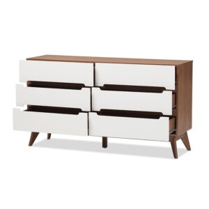 Calypso Mid-Century Modern White and Walnut Wood 6-Drawer Storage Dresser From Baxton Studio