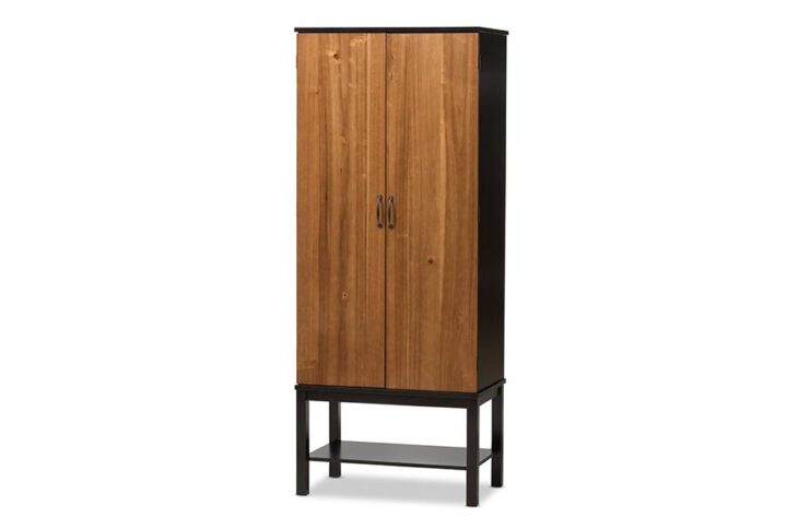 Dark Brown and Walnut Two-Tone Solid Rubberwood Mdf Veneered Wine Cabinet From Baxton Studio