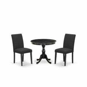 East West Furniture 3 Piece DINETTE SET Contains 1 Wooden Dining Table and 2 Black Linen Fabric Dinning Chairs with High Back – Wire Brushed Black Finish From East West Furniture