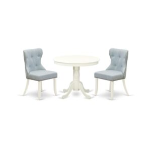 ANSI3-LWH-15 - A dining set of 2 fantastic indoor dining chairs with Linen Fabric Baby Blue color and a gorgeous 36-Inch Antique modern dining table with Linen White color From East West Furniture