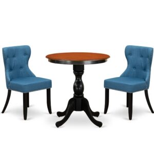 East West Furniture 3-Piece Modern Dining Set Include a Wooden Table and 2 Blue Linen Fabric Dining Room Chairs with Button Tufted Back - Black Finish From East West Furniture