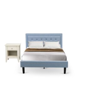 FN11F-1GA0C 2-Piece Platform Full Bedroom Set with 1 Full Bed Frame and a Wooden Night Stand - Denim Blue Linen Fabric From East West Furniture