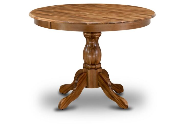 HBT-ANA-TP East West Furniture Beautiful Dinner Table with Natural Acacia Color Table Top Surface and Asian Wood Dining Table Pedestal Legs - Natural Acacia Finish From East West Furniture