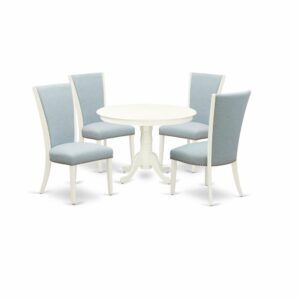 East-West Furniture HLVE5-LWH-15 - A dining table set of 4 fantastic parson dining chairs with Linen Fabric Baby Blue color and a stunning mid-century dining table with Linen White color From East West Furniture