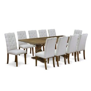 East West Furniture 11-Piece Dining Table Set Includes a Rectangular Dining Table and 10 Grey Linen Fabric Parson Chairs with Button Tufted Back - Distressed Jacobean Finish From East West Furniture