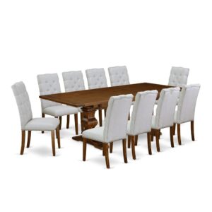 East West Furniture 11-Pieces Table Set - A Butterfly Leaf Double Pedestal Dining Table And 10 Grey Linen Fabric Dining Chairs With Button Tufted Back - Antique Walnut Finish From East West Furniture