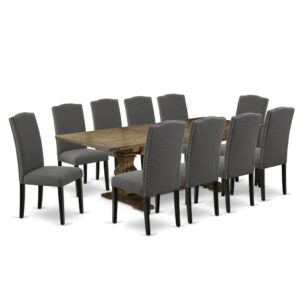 East West Furniture 11-Pc Mid Century Dining Set Includes a Wooden Table and 10 Dark Gotham Grey Linen Fabric Upholstered Chairs with High Back - Distressed Jacobean Finish From East West Furniture