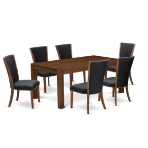 East West Furniture - LMVE7-N8-24 - 7-Pc Kitchen Dining Room Set- 6 Parson Dining Chairs and Dining Table - Black Linen Fabric Seat and High Chair Back - Antique Walnut Finish From East West Furniture