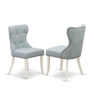 East West Furniture - Set of 2 - Parson Chairs- Dining Room Chair Includes Linen White Solid Wood Structure with Baby Blue Linen Fabric Seat with Nail Head and Button Tufted Back From East West Furniture