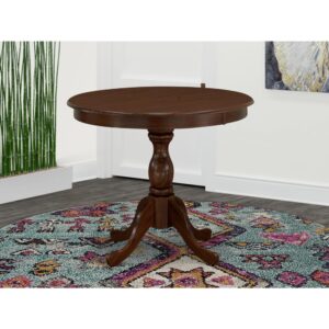 Round wood table Mahogany Color Table Top Surface and Asian Wood Round dining table Pedestal Legs -Mahogany Finish From East West Furniture