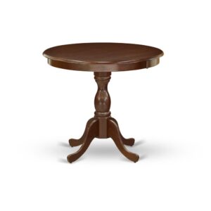 Round wood table Mahogany Color Table Top Surface and Asian Wood Round dining table Pedestal Legs -Mahogany Finish From East West Furniture