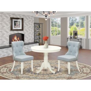 ANSI3-LWH-15 - A dining set of 2 fantastic indoor dining chairs with Linen Fabric Baby Blue color and a gorgeous 36-Inch Antique modern dining table with Linen White color From East West Furniture