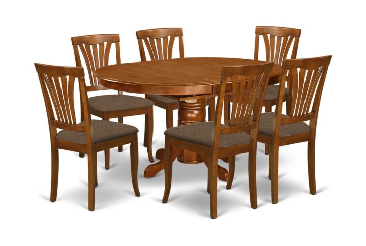 AVON7-SBR-C 7 Pc Avon Dinette Table featuring Leaf and 6 Cushion Kitchen Chairs. From East West Furniture