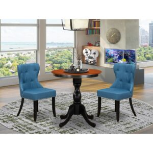 East West Furniture 3-Piece Modern Dining Set Include a Wooden Table and 2 Blue Linen Fabric Dining Room Chairs with Button Tufted Back - Black Finish From East West Furniture