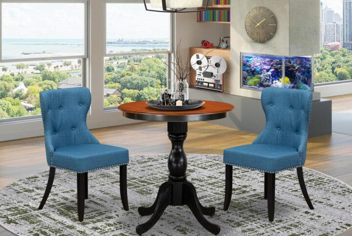 East West Furniture 3-Piece Modern Dining Set Include a Wooden Table and 2 Blue Linen Fabric Dining Room Chairs with Button Tufted Back - Black Finish From East West Furniture