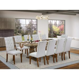 East West Furniture 11-Piece Dining Table Set Includes a Rectangular Dining Table and 10 Grey Linen Fabric Parson Chairs with Button Tufted Back - Distressed Jacobean Finish From East West Furniture