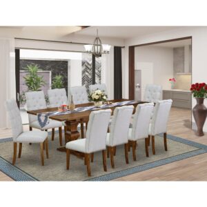 East West Furniture 11-Pieces Table Set - A Butterfly Leaf Double Pedestal Dining Table And 10 Grey Linen Fabric Dining Chairs With Button Tufted Back - Antique Walnut Finish From East West Furniture