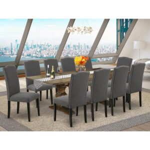 East West Furniture 11-Pc Mid Century Dining Set Includes a Wooden Table and 10 Dark Gotham Grey Linen Fabric Upholstered Chairs with High Back - Distressed Jacobean Finish From East West Furniture