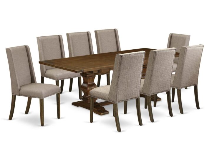 9-piece dining set with Chair’s Legs and Dark Khaki Linen Fabric From East West Furniture