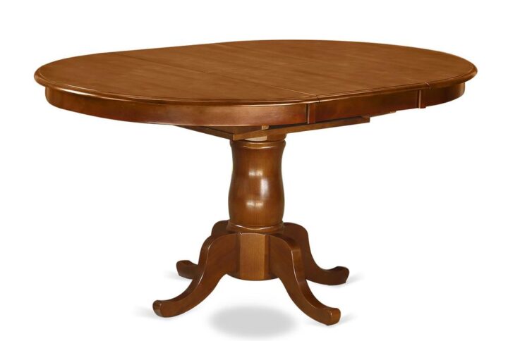 Portland  Single  Pedestal  Oval  Dining  table  with  18"  extension  butterfly  leaf  in  Saddle  Brown  Finish From East West Furniture