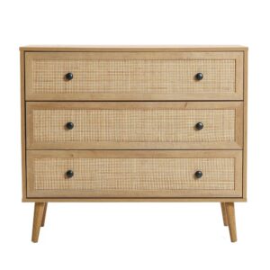 35.4" Wide 3-Drawer Rattan Light Oak Finish Wood Dresser From LuxenHome