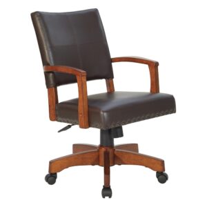 Deluxe Wood Bankers Chair in Espresso Faux Leather with Antique Bronze Nailheads and Medium Brown Wood