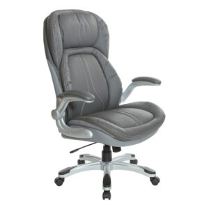 Grey Bonded Leather Executive Chair with Padded Flip Arms and Silver Base