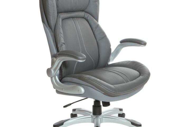 Grey Bonded Leather Executive Chair with Padded Flip Arms and Silver Base