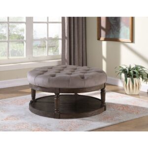 Best Master Linen Fabric Upholstered Round Ottoman in Otter/Smoked Rustic Gray From Best Master Furniture