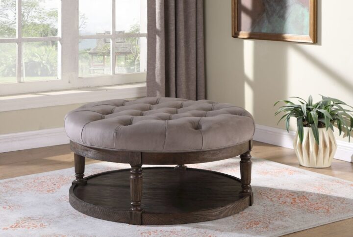 Best Master Linen Fabric Upholstered Round Ottoman in Otter/Smoked Rustic Gray From Best Master Furniture