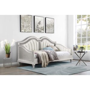 Evangeline Upholstered Twin Daybed with Faux Diamond Trim Silver and Ivory From Coaster