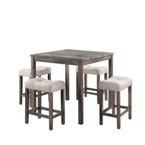 Lucian Brown 5 Piece Counter Height 36" Pub Table Set with Tufted Creamy White Linen Stools From Lilola Home