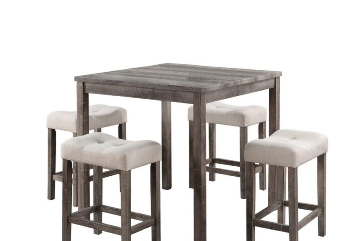 Lucian Brown 5 Piece Counter Height 36" Pub Table Set with Tufted Creamy White Linen Stools From Lilola Home