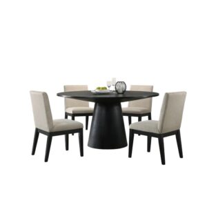 Jasper Ebony Black 5 Piece 59" Wide Contemporary Round Dining Table Set with Beige Fabric Chairs From Lilola Home