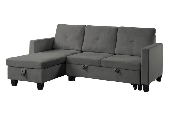 Nova Dark Gray Velvet Reversible Sleeper Sectional Sofa with Storage Chaise From Lilola Home