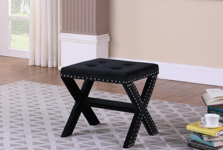 Velvet Fabric Upholstered Square Accent Bench in Black From Best Master Furniture