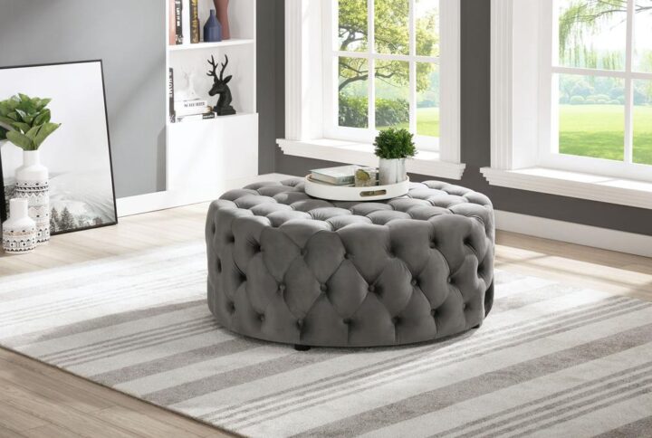 Best Master Furniture Anderson 40" Round Velvet Fabric Ottoman in Gray From Best Master Furniture