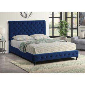 Ashley Tufted Velvet Fabric King Platform Bed in Blue From Best Master Furniture