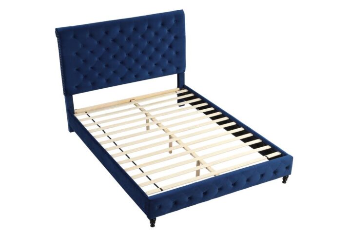 Ashley Tufted Velvet Fabric King Platform Bed in Blue From Best Master Furniture