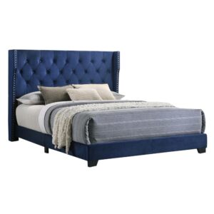 Navy Blue Velvet Uph. Panel Bed Tufted Buttons Side Studs