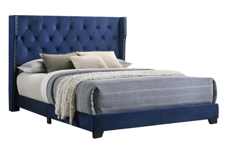 Navy Blue Velvet Uph. Panel Bed Tufted Buttons Side Studs