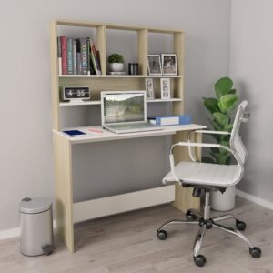 vidaXL Desk with Shelves White and Sonoma Oak 43.3"x17.7"x61.8" Chipboard