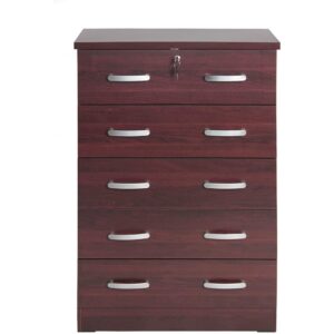 Better Home Products Cindy 5 Drawer Chest Wooden Dresser with Lock in Mahogany From Better Home Products