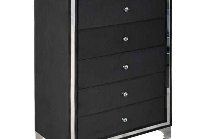 Better Home Products Monica Velvet Upholstered 5 Drawer Chest Dresser in Black From Better Home Products