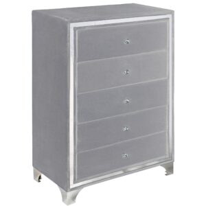 Better Home Products Monica Velvet Upholstered 5 Drawer Chest Dresser in Gray From Better Home Products