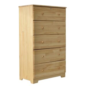 Better Home Products Isabela Solid Pine Wood 5 Drawer Chest Dresser in Natural From Better Home Products