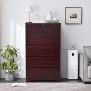 Better Home Products Isabela Solid Pine Wood 5 Drawer Chest Dresser in Mahogany From Better Home Products