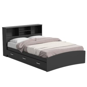 Bed with 3 Drawers and Bookcase Headboard (Black