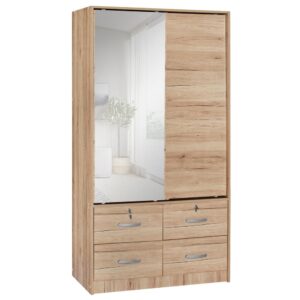 Better Home Products Sarah Double Sliding Door Armoire with Mirror Natural Oak From Better Home Products